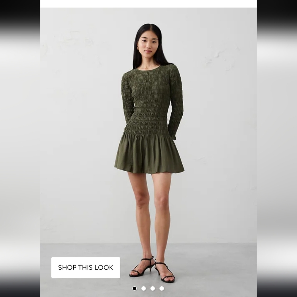 Banana Republic Olive Green Smocked Long-Sleeve Mini Dress
